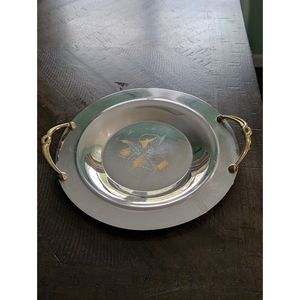 Serving Bowl Charger Dish Shiny Mirrored Floral Design w Gold Tone Handle (2) - Picture 11 of 11